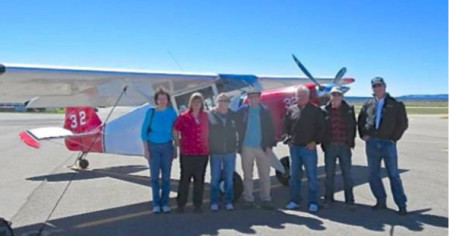 Greeting the Fly-In Arrivals – Left to right – Carol (cousin of Dianne), Dianne Riggs, Carol Fagan, Pat Fagan, Randy Sonnier, Lynn Riggs, and Skip Page (Photo by Cathy Page)