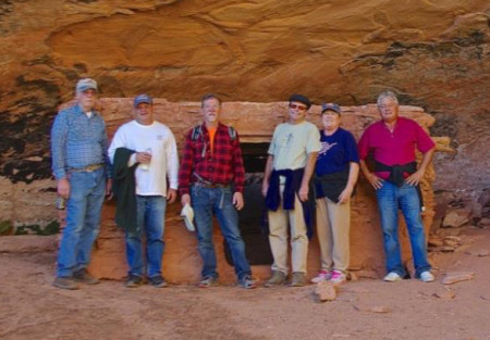 Hikers at the dwellings – Photo by Cathy Page – Left to right, Lynn Riggs, Scott Williamson, Kevin Deutscher, Pat Fagan, Carol Fagan, and Randy Sonnier. (Photo by Lynn Riggs)